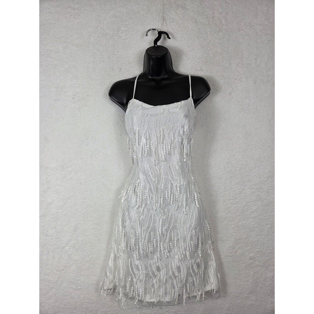 Lulus Fringe‎ Mini Dress XL White Sequin Backless Flapper Gatsby Party Prom NWT - Picture 4 of 12